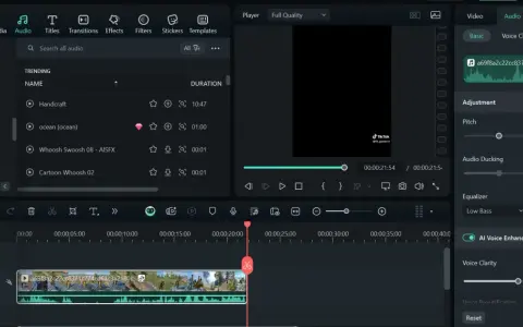 Edytor wideo z panelem audio, gdzie można dostosować modulator głosu, pitch, audio ducking i equalizer.