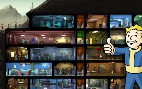 Vault Boy da pulgar arriba sobre un refugio subterráneo lleno de gente, con habitaciones y actividades. ¡Descubre los mejores fallout shelter trucos!