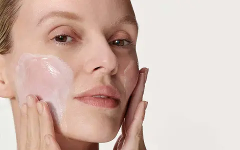 Donna applica delicatamente crema viso con le dita, un gesto semplice per prendersi cura della pelle.