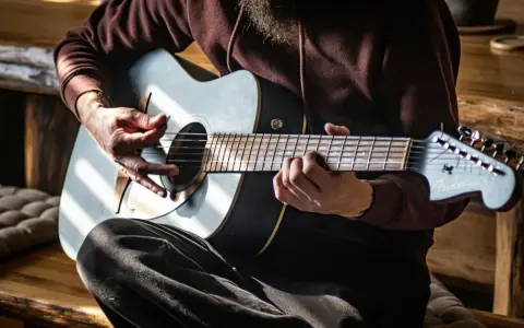 Mann spielt Akustikgitarre, Hände auf Saiten und Plektrum.