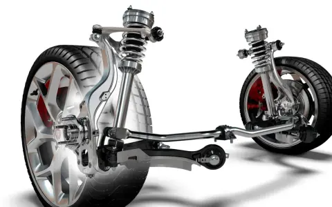 Wyświetla mechanizm zawieszenia w samochodzie z amortyzatorami, sprężynami i elementami układu kierowniczego.