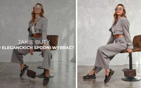 Kobieta w szarym garniturze z szerokimi nogawkami prezentuje, jakie buty do szerokich eleganckich spodni wybrać – czarne lakierowane mokasyny na grubej podeszwie.