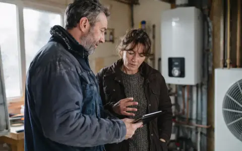 Un couple discute sur une tablette, visiblement déçu par un refus de banque pour un éco-prêt à taux zéro.