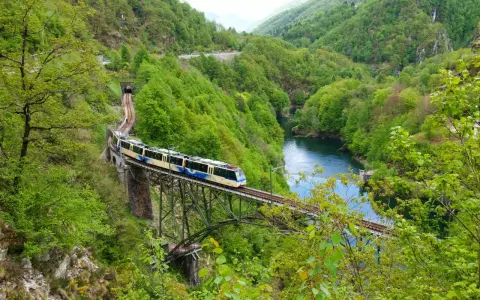 A train travels across a bridge over a river, surrounded by lush green mountains. This scenic route is part of the journey from Amsterdam to Zurich.