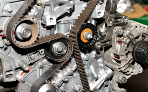 Widok z bliska na mechanizm rozrządu w samochodzie, z widocznymi paskami, kołami zębatymi i napinaczami.