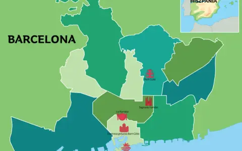 Mapa Barcelony z zaznaczonymi dzielnicami i atrakcjami turystycznymi, w tym Park Güell i Sagrada Familia.