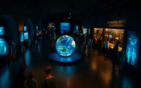 Wrocławskie muzeum wody: zwiedzający oglądają wielką kulę ziemską i ekspozycje o inżynierii wody.