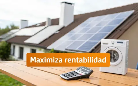 Paneles solares en tejado, lavadora y calculadora sobre mesa. Mensaje: "Maximiza rentabilidad" para tu excedente solar.