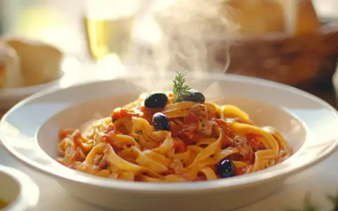 Un plato humeante de pasta con salsa de tomate, aceitunas negras y romero. ¡Perfecto para tus recetas de pasta!