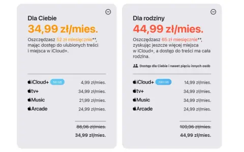 Porównanie pakietów iCloud+: "Dla Ciebie" (34,99 zł/mies.) i "Dla rodziny" (44,99 zł/mies.) z usługami tv+, Music i Arcade.