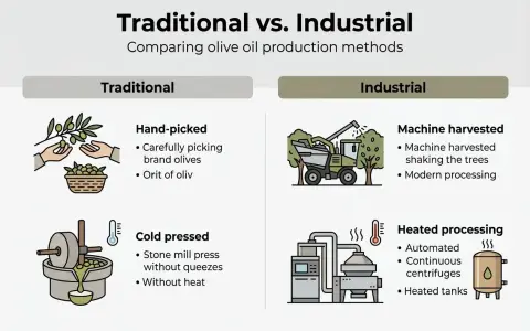 Ilustra cómo se hace el aceite de oliva: tradicionalmente a mano y prensado en frío, o industrialmente con máquinas y calor.