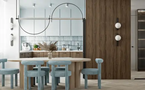 Nowoczesna kuchnia i jadalnia z błękitnymi krzesłami. Zastanawiasz się, ile kosztuje remont mieszkania 60m2 w takim stylu?