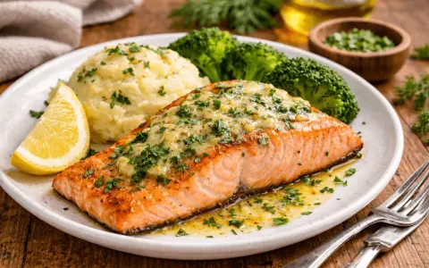 Soczysty łosoś z airfryer, podany z puree ziemniaczanym, brokułami i cytryną. Danie posypane świeżą natką pietruszki.