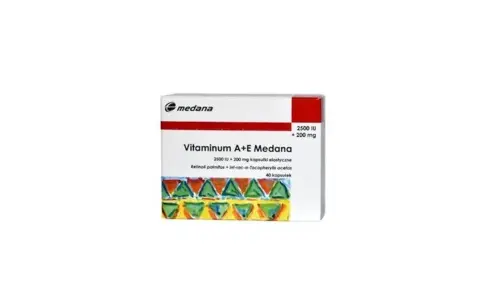 Opakowanie Vitaminum A+E Medana. Przed zastosowaniem zapoznaj się z ulotką, aby poznać witamina a+e przeciwwskazania.