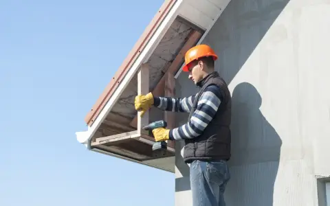 Budowlaniec montuje podbitkę ze styropianu, przykręcając drewniane elementy do okapu domu.
