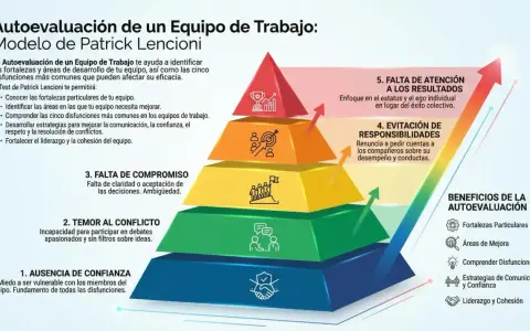 Pirámide de autoevaluación de equipo, modelo Lencioni. El test de liderazgo identifica fortalezas, áreas de mejora y disfunciones para optimizar el equipo.