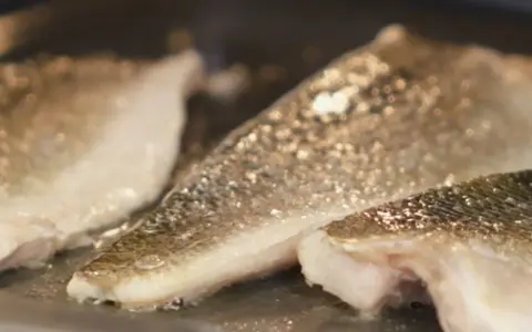 Filetes de lubina a la donostiarra dorándose en una sartén.