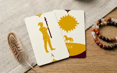 Dos cartas de tarot, una con un hombre con bastón (sota de bastos invertida) y otra con el Sol y un caballo.