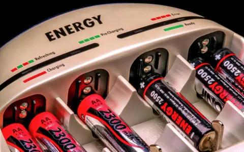 Ein NiMH Ladegerät mit AA-Akkus, die geladen werden. Ladeanzeigen zeigen "Charging" und "Ready".