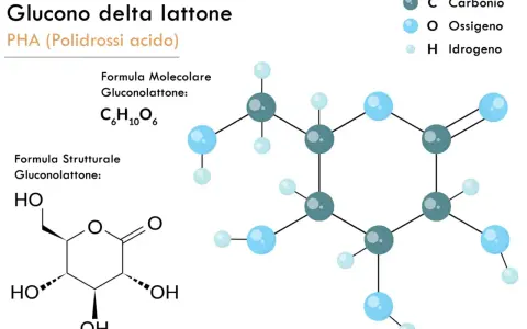Glucono delta lattone: cos'è? Formula molecolare C₆H₁₀O₆ e strutturale di questo acido polidrossi.