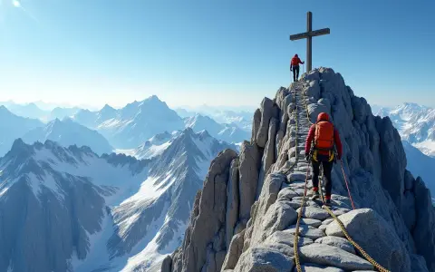 Wspinacze na skalnej grani, pokonując trudną kolejkę na Giewont. W tle rozciągają się ośnieżone szczyty Tatr.