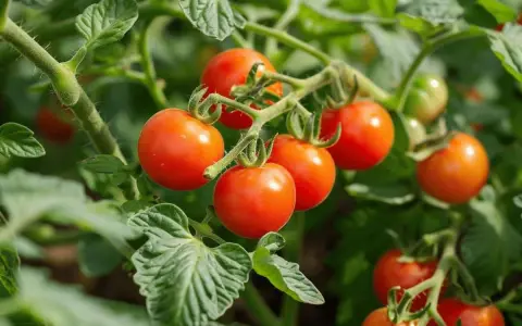 Grappe de tomates black cherry rouges et brillantes, mûrissant sur leur pied vert feuillu.