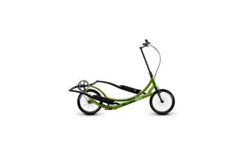 A green elliptical bike with the brand name "ELLIPTIGO" visible. It has two wheels and foot pedals.