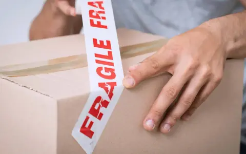 Ręce zaklejają karton taśmą z napisem "FRAGILE". Uwaga szkło, kurier musi być ostrożny.
