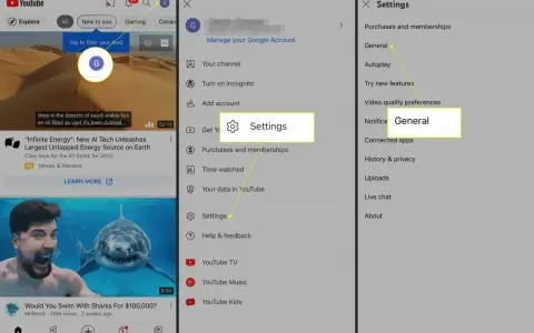 Jak zablokować YouTube na telewizorze? Kliknij ikonę profilu, wybierz Ustawienia, a następnie Ogólne.