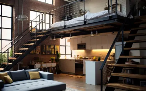 Luminoso loft con soppalco altezza 3 metri, letto, cucina moderna, divano blu e scale in metallo.