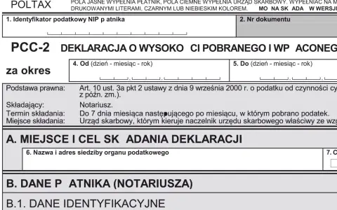 Deklaracja PCC-2 o wysokości pobranego podatku od czynności cywilnoprawnych, np. podatek od zakupu nieruchomości.