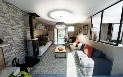 Plan aménagement salon en longueur : canapé d'angle gris, poêle à bois, mur en pierre, table basse et tapis géométrique.