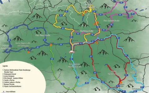 Trasa widokowa przez Alpy, z zaznaczonymi drogami i atrakcjami. Pogoda w górach bywa zmienna, warto sprawdzić prognozę.
