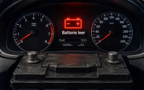 Armaturenbrett mit rotem Batteriesymbol und der Meldung "Batterie leer". Die Tachometeranzeige zeigt 0 km/h.