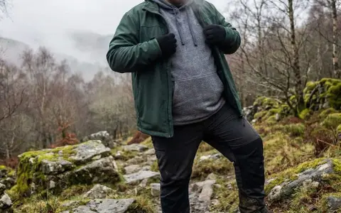 Mann in grüner Softshelljacke und grauer Kapuzenjacke wandert durch felsiges Gelände.