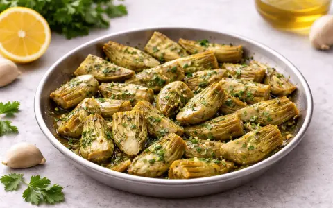 Carciofi in padella, teneri e dorati, conditi con erbe aromatiche e aglio. Accanto, spicchi d'aglio, prezzemolo fresco e una fetta di limone.
