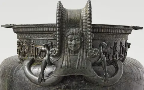 Détail du vase de Vix : une figure féminine aux longs cheveux, entourée de serpents, orne ce chef-d'œuvre antique.