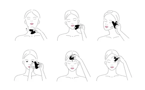 Ilustracje pokazują, jak używać kamień gua sha do masażu twarzy i szyi.