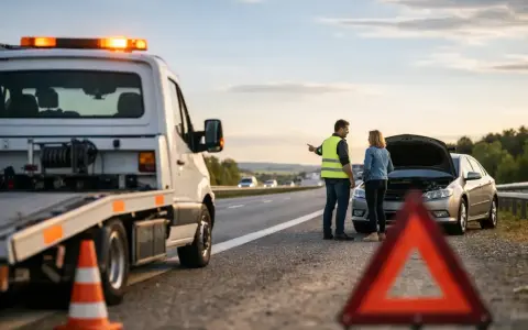 Awaria samochodu za granicą? Krótkoterminowe assistance pomoże Ci wrócić na drogę. Na poboczu stoi laweta, a kierowca rozmawia z kobietą przy otwartej masce auta.