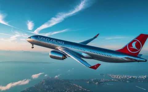 Samolot Turkish Airlines leci nad miastem i morzem przy zachodzącym słońcu.