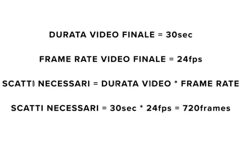 Calcolo scatti per time lapse: 30 secondi a 24fps richiedono 720 fotogrammi.