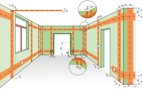 Schemat prosta instalacja elektryczna w pomieszczeniu z oknem i drzwiami. Pomarańczowe linie wskazują przebieg przewodów. Wymiary podane w milimetrach.