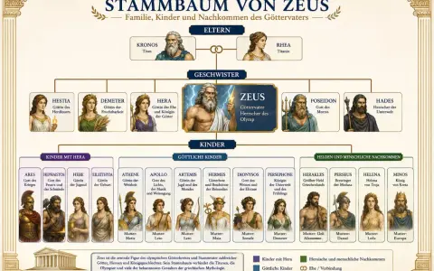 Der Stammbaum zeigt Zeus, den Göttervater und Herrscher des Olymps, sowie seine Familie. Wer ist Zeus? Er ist der Sohn von Kronos und Rhea.