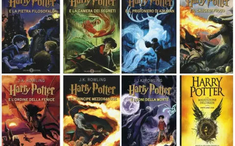 Copertine dei libri di J.K. Rowling: Harry Potter e la Pietra Filosofale, Camera dei Segreti, Prigioniero di Azkaban, Calice di Fuoco, Ordine della Fenice, Principe Mezzosangue, Doni della Morte e Maledizione dell'Erede.