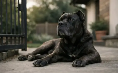 Potężny pies rasy Cane Corso leży przy bramie. Czy cane corso są groźne? Ten pies wygląda na spokojnego, ale czujnego.