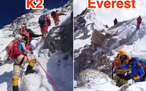 Bergsteiger am K2, wo die K2 Todesrate hoch ist, und am Everest. Extreme Bedingungen, steile Hänge, Seilsicherungen.