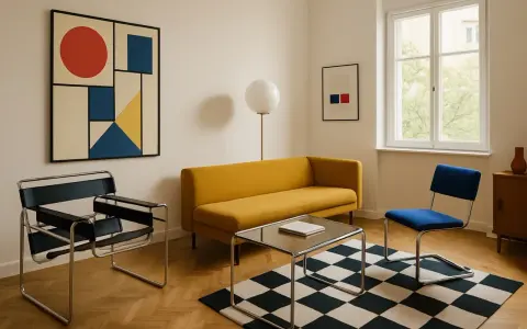 Minimalistyczny salon w stylu bauhaus: żółta kanapa, czarno-biała szachownica na dywanie, krzesła z chromowanej stali i abstrakcyjny obraz.