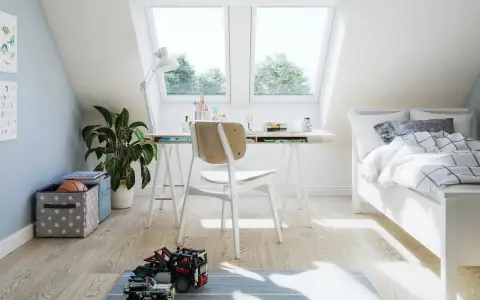 Habitación infantil bajo **techos bajos aprovechar buhardilla muy baja**. Cama, escritorio y juguetes.