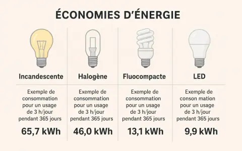Comparaison de la consommation d'énergie des ampoules : incandescente, halogène, fluocompacte et LED. La LED offre la meilleure efficacité énergétique.