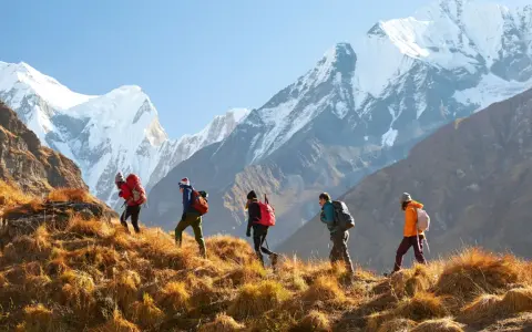 A group of five people trekking up a grassy slope towards majestic snow-capped mountains. This is a true adventure, a step beyond simple hiking.
